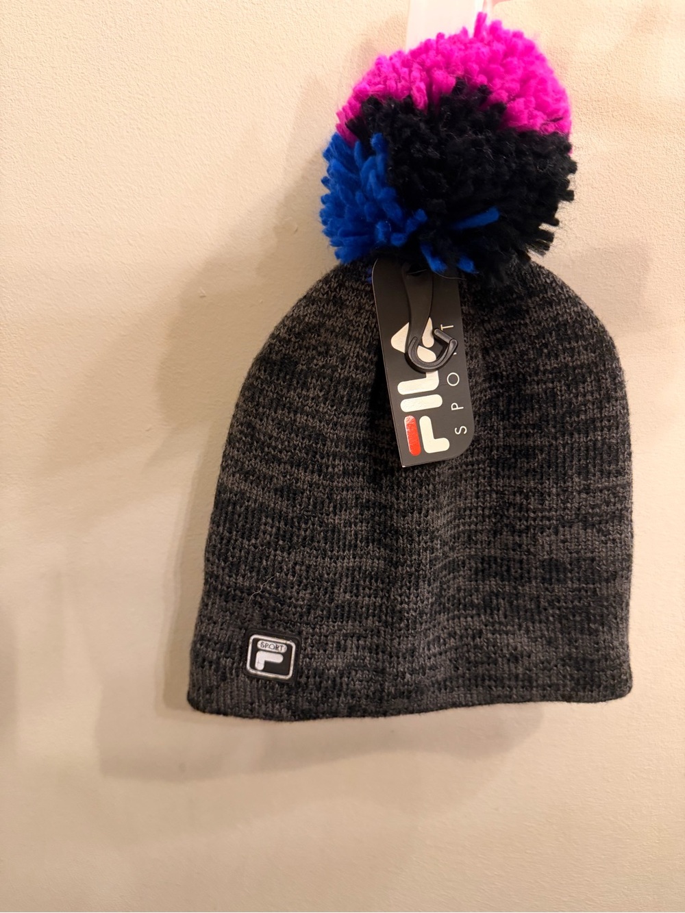 Fila Charcoal Knit Beanie with Pink, Black & Blue Pom